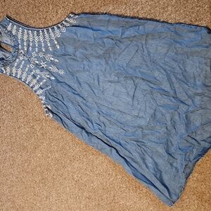 Blue Sleeveless Dress with White Embroidery